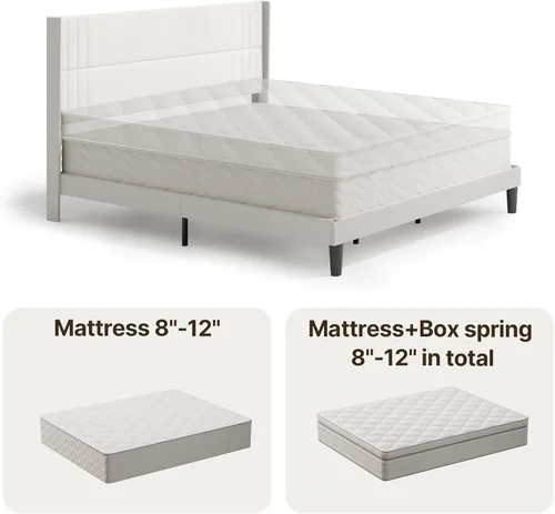 Vista 26 de Gizoon Base de cama matrimonial con cabecera de ala, plataforma tapizada con cabecera geométrica moderna, listones de madera, sin ruido, no necesita