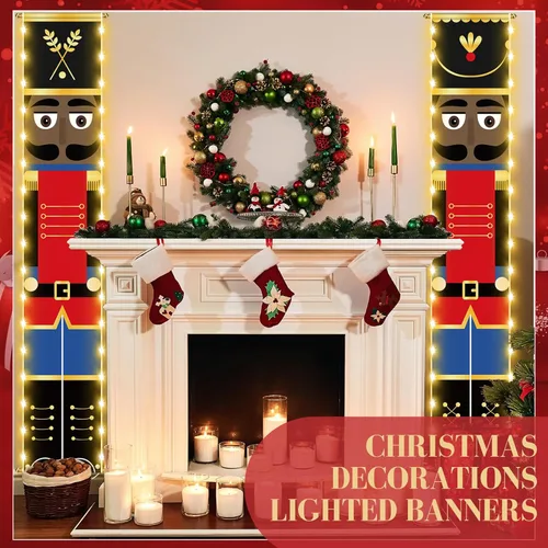 Vista 6 de Lounsweer Decoraciones navideñas de cascanueces, pancartas de cascanueces para porche con cadena de luces LED, decoración de Navidad