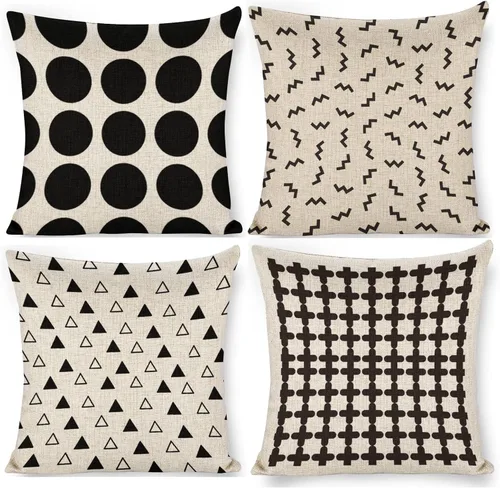 HOSTECCO Juego de 4 fundas de almohada geométricas para exteriores de 18 x 18 pulgadas, fundas de almohada bohemias en blanco y negro, impermeables,