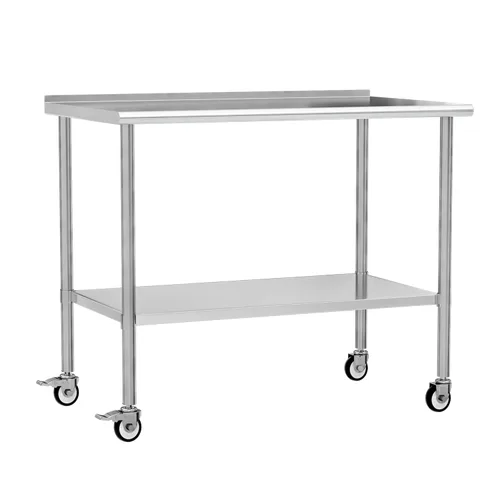 Vista 13 de Mesa de trabajo de acero inoxidable con ruedas, 24x24 pulgadas, mesa de preparación de alimentos NSF con salpicadero y estante inferior ajustable