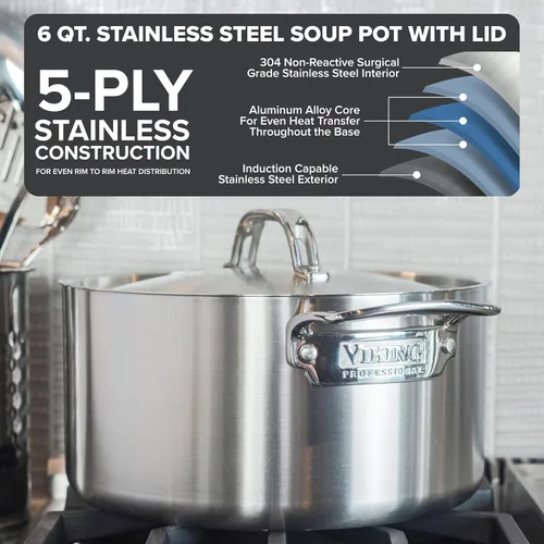 Vista 2 de Viking Olla de acero inoxidable de 5 capas, olla de cocina de sopa de 6 cuartos de galón con tapa, utensilios de cocina, acabado satinado
