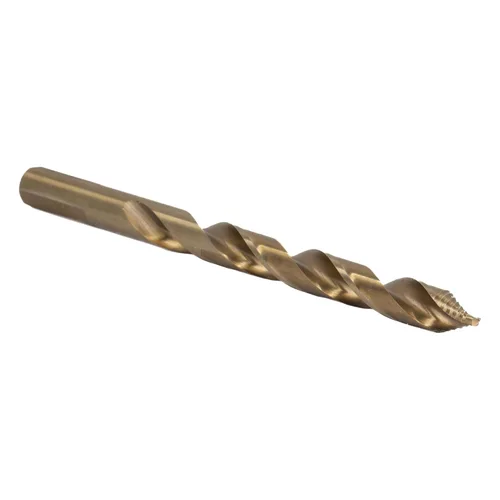 Vista 14 de Drill America 1" Broca escalonada de cobalto con vástago plano de 3 ranuras reducido de 1/2", acabado de óxido dorado para perforar acrílico, acero