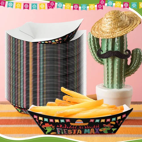 Vista 4 de Gejoy 100 bandejas de papel mexicano desechables de 2 libras, bandejas de Nacho para fiestas de tacos, botes de aperitivos, carnaval, contenedor