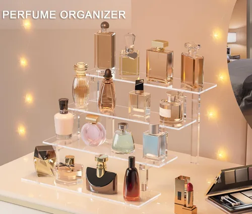 Vista 2 de Kcrystenia Perfume Organizer Stand, 4 Tier Display Riser Shelf Compatible with Funko POPs Amiibo Nendoroids, Clear Acrylic Risers Display Stand