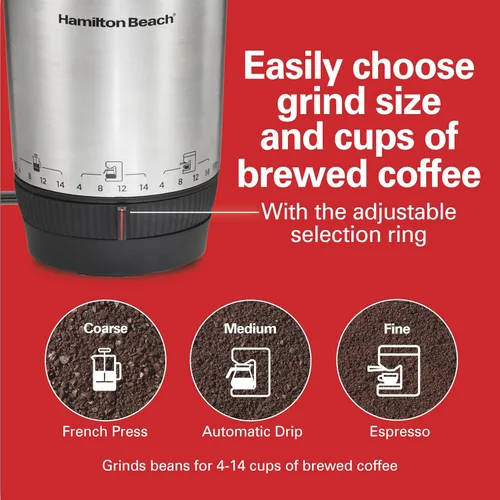 Vista 2 de Hamilton Beach Molinillo de café eléctrico Custom Grind para 4 a 14 tazas, operación de una pulsación sin usar las manos con apagado automático