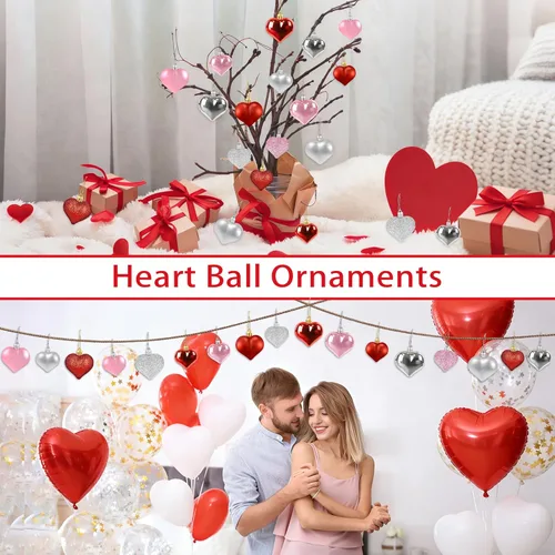 Vista 6 de 48 adornos de corazón para decoraciones del día de San Valentín, 2 tamaños de adornos en forma de corazón para árbol de Navidad de San Valentín