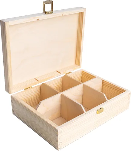 Vista 7 de Creative Deco Caja de té de madera sin pintar con tapa, 6 compartimentos, 8.3 x 6.3 x 2.8 in, madera natural, organizador de compartimento de lujo