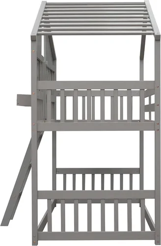 Vista 58 de Cama de casa de tamaño individual con elegantes ventanas y estantería, litera con diseño de castillo de madera con barandillas de seguridad