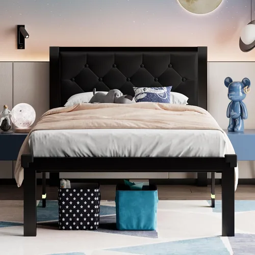 Vista 14 de Feonase Marco de cama de metal tamaño doble con cabecera capitoné de cuero sintético con botones, marco de cama tipo plataforma resistente