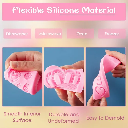 Vista 3 de 6 moldes de silicona para el día de San Valentín para chocolate, fondant, labios, corazón, rosa, flor, amor, corona, dulces, pasteles, cupcakes