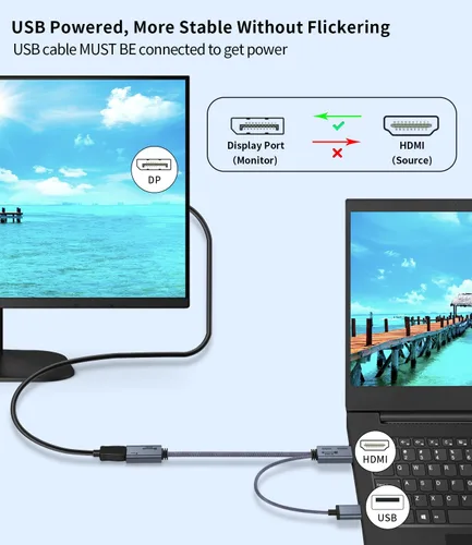 Vista 2 de Adaptador HDMI a DisplayPort 4K a 60Hz, convertidor HDMI 2.0 a DP 1.2, alimentado por USB, cable de 0.65 pies, unidireccional, compatible con PS5
