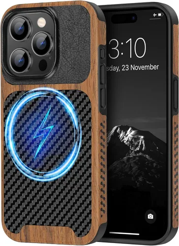 Vista 17 de TENDLIN Compatible con Funda para iPhone 15, Funda de Madera con Textura de Fibra de Carbono, Diseño Híbrido de Cuero Delgado (Negro)