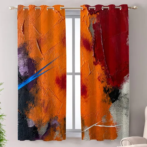 Vista 167 de Shrahala Beige and Orange Abstract Art Brushstrokes Tier Curtains for Kitchen Windows, Abstract Oil Paint Cafe Curtain Multilayer Polyester Blackout