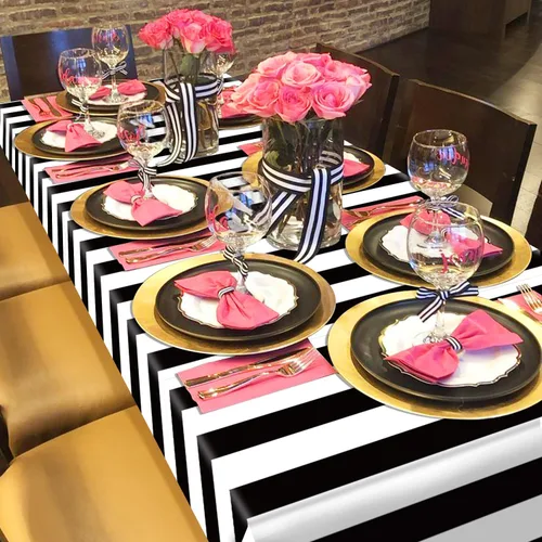 Vista 6 de 4 manteles de rayas blancas y negras, funda de mesa a rayas negras, decoración de mesa de plástico para vacaciones, cumpleaños, baby shower, picnic