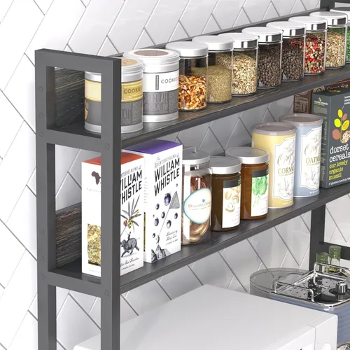 Vista 4 de Estante de cocina para panaderos con cestas, estante de almacenamiento independiente de 5 niveles, soporte industrial para horno microondas, Negro