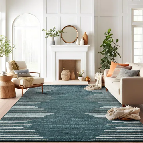 Vista 43 de Rugshop - Alfombra de pasillo bohemia con rayas resistente a manchas, para zonas de alto tráfico, como tu sala de estar, cocina, dormitorio, Beige