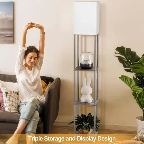 Vista 9 de Lámpara de pie con estantes para sala de estar roble gris, lámpara de pie con estante con bombilla LED de 3 CCT, lámpara de columna de pie