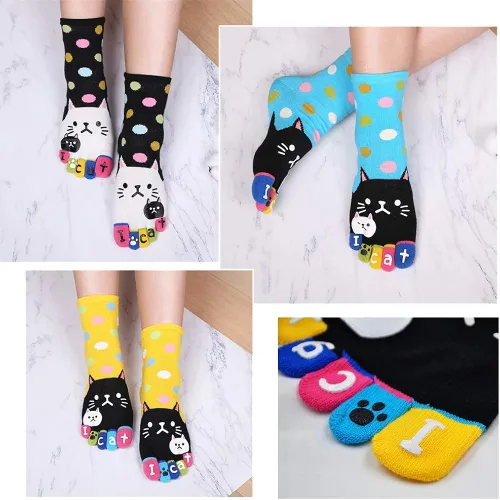 Vista 7 de Hellomamma Womens Toe Sock Cute Cat Dog Ankle Sock Cotton Athletic Running Five Finger Socks for Girls 5 Pairs