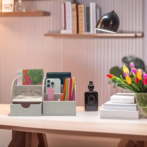 Vista 94 de UnionBasic Organizador de escritorio - Caja de almacenamiento multifuncional de cuero para escritorio con soporte para bolígrafos - Para tarjetas