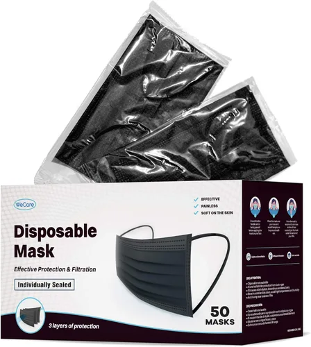 WECARE Mascarilla desechable envuelta individualmente, paquete de 50 máscaras faciales de colores