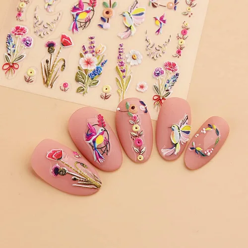 Vista 8 de Dornail Calcomanías de uñas bronceadas en relieve 5D, 3 hojas de flores de primavera, hierba, pájaro, calcomanías de arte de uñas, accesorios
