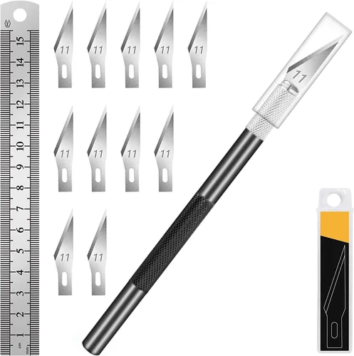 Vista 18 de DIYSELF Cuchillo para manualidades con 10 cuchillas adicionales #11, juego de cuchillos de precisión con regla de acero, cuchillo Exacto para Azul