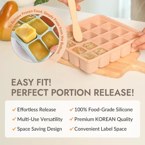 Vista 6 de Bandeja de silicona para congelador, cubos de almacenamiento de comida para bebé con tapa a clip, congelar comida para bebé, sopas, purés, hielo