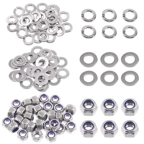 Vista 16 de Swpeet 75 piezas M10 tuercas hexagonales de bloqueo de acero inoxidable, kit surtido de arandelas planas y arandelas de bloqueo divididas para uso