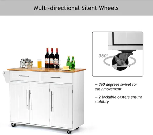 Vista 5 de Giantex Carrito de isla de cocina con ruedas con ruedas, 2 cajones, armario de 3 puertas, mango de toalla, bloque de cuchillos para comedor