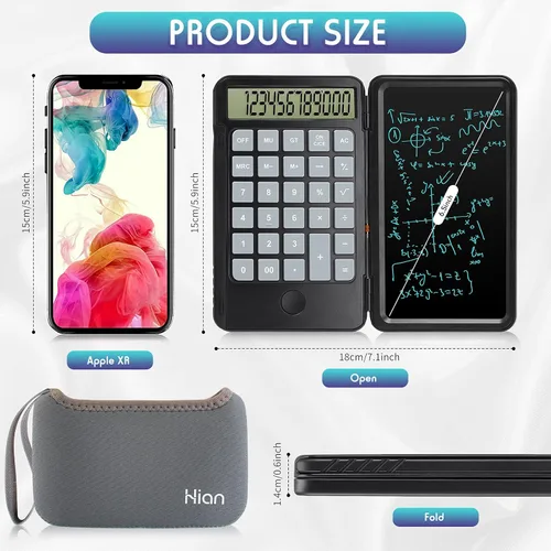 Vista 6 de Calculadoras Hion, Calculadora recargable de escritorio y de bolsillo con pantalla grande de 12 dígitos y tableta de escritura borrable