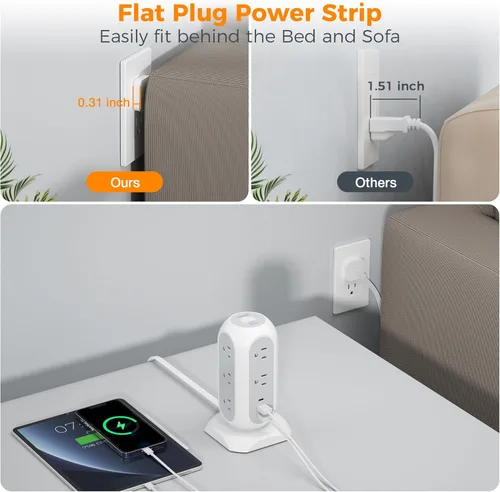 Vista 2 de TESSAN - Torre de regleta con protección contra sobretensiones, cable de extensión de enchufe plano de 6 pies con múltiples tomas, 3 puertos USB