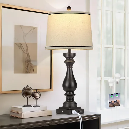 Vista 11 de Cinkeda 29" Tall Farmhouse Table Lamp for Living Room,Vintage Retro Nightstand Lamps with USB C+A Ports & AC Outlet,3-Way Dimmable Touch Bedside