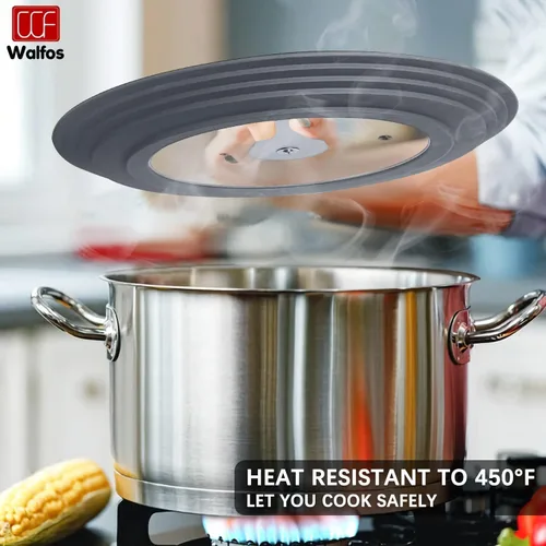 Vista 5 de Tapa Universal para Ollas, Sartenes y Cacerolas - Walfos Tapa de Vaso de Vidrio Templado con Borde de Silicona Resistente al Calor, Libre de BPA