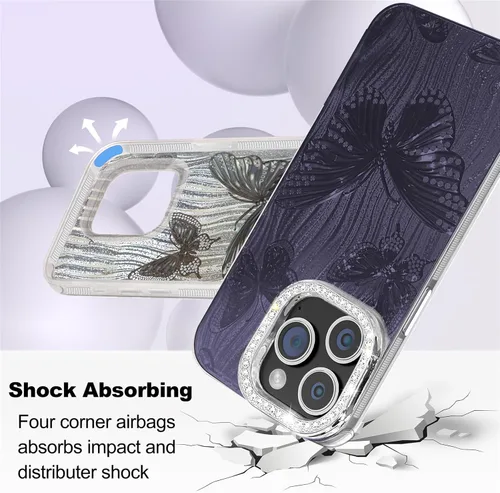 Vista 333 de I-MGAE-IN-AR - Funda diseñada para iPhone 12 y 12 Pro, diseño de mariposa plateada brillante, funda protectora de poliuretano termoplástico, suave