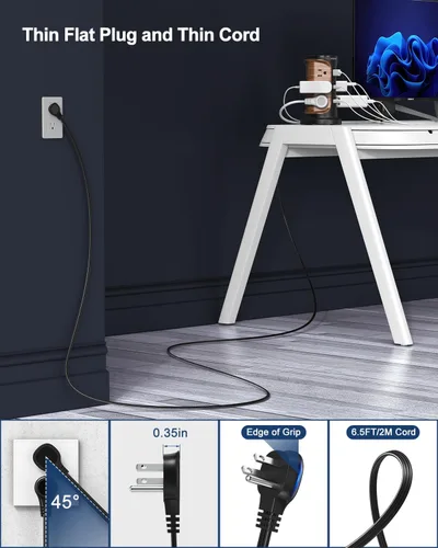 Vista 4 de Regleta de alimentación con protector de sobretensiones de enchufe plano, torre con 12 salidas 3 USB (2 tipo C), cable de extensión ultraplano