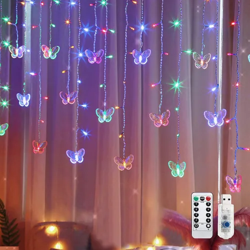 Vista 7 de Luces de Cortina de Mariposa, 60 LEDs 8 Modos Luces de Cortina de Hadas en Cadena, 8.2 pies x 1.9 pies Luces Estrelladas Centelleantes con Control