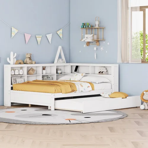 Vista 22 de Quarte Elegante cama de plataforma con estanterías en forma de L, cama de plataforma de madera tamaño individual con 2 cajones de almacenamiento