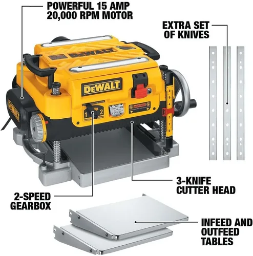 Vista 2 de DEWALT Cepilladora de espesor, cepilladora de madera de 13 pulgadas, tres cuchillas de dos velocidades, motor de 15 amperios, 20,000 RPM (DW735X)