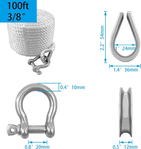 Vista 3 de ISURE MARINE Cuerda de anclaje de nailon trenzado sólido (3/8" x 100') Cuerda de anclaje para barco con dedal y grillete de acero inoxidable