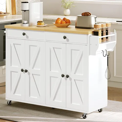 HOOBRO Isla de cocina con toma de corriente, isla de cocina rodante con almacenamiento, carrito de isla de cocina con estante de especias y ganchos,