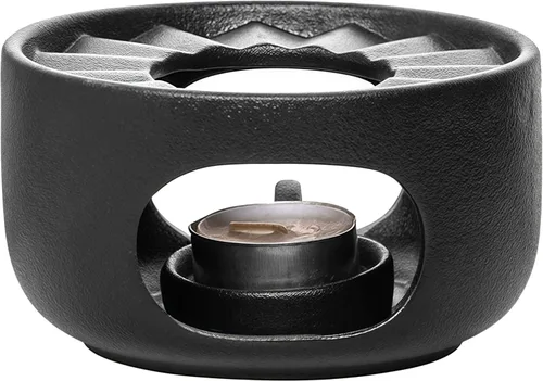 Calentador de tetera de gres con cuchara de vela de seguridad, base de calentador de té de cerámica gruesa rústica con orificios de ventilación,