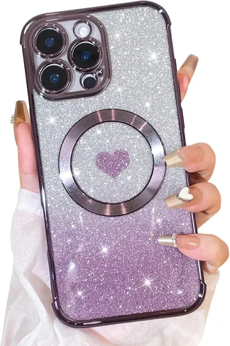 Vista 25 de Bonoma Funda con Purpurina Magnética para iPhone 16 Pro Max [Compatible con MagSafe], Funda Transparente Brillante de Lujo con Patrón de Corazones