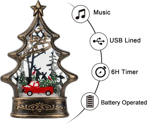 Vista 4 de Linterna de globo de nieve de Navidad, árbol de Navidad brillante con camión rojo, forrado por USB, funciona con pilas, linterna iluminada