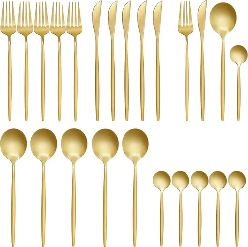 Juego de 24 cubiertos de acero inoxidable dorado para 6, cucharas de tenedor de cuchillo, juego de vajilla para 6, juego de cubiertos, incluye
