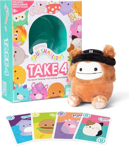 Squishmallows Take4 de juegos relacionables, emocionantes, juegos de mesa y juegos de cartas para reuniones familiares, ideal para juegos