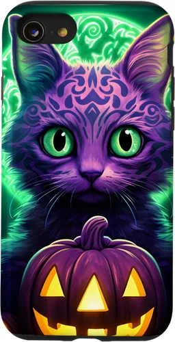 Vista 18 de iPhone 16 Cat Halloween Costume Glowing Pumpkin Purple & Light Green Case