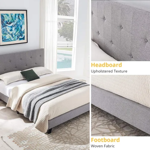 Vista 5 de Base de cama tamaño King, plataforma tapizada con cabecero de botón, soporte de listones de madera fuerte, no necesita somier, sin ruido, fácil