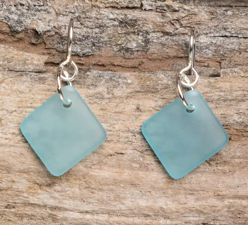 Vista 13 de Delicate Diamond Sea Glass Earrings, Beach Glass Earrings for Women by EcoSeaCo, using sustainable, recycled and repurposed material. Handmade