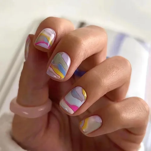 Vista 59 de Uñas postizas cuadradas cortas a presión, uñas postizas azules de cobertura completa con diseños de remolinos, uñas acrílicas brillantes de línea