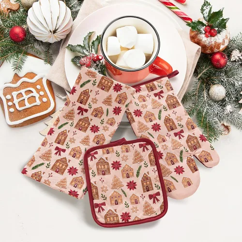 Vista 20 de Paños de Cocina y Agarraderas Navideños - Juego Alegre de Navidad de 4 Piezas 100% Algodón Verde Rojo Blanco - Dos (2) Paños de Cocina, Un (1)